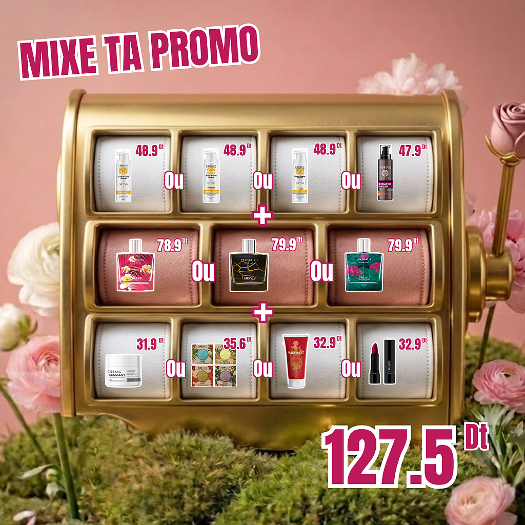 MIX 3 : Article 1 ( Ecran Invisible ou Ecran Light ou Ecran Meduim ou Sérum Cristal) + Article 2 (Yes, Please ou Magnolia ou Pure Elixir) + Article 3 (Maxihot ou Gommage ou Pack 4 Savons ou Rouge à Lèvres)